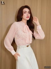 Sơ mi ren hoa kim tuyến buộc nơ điệu đà, cao cấp LUSM2507001