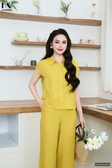 Bộ đồ đũi lanh sơ mi vạt tròn mặc nhà, đi chơi đều thoải mái, tự tin NKBD2505006