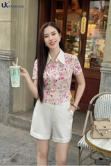 Sơ mi hoa bo gấu phối cổ rực rỡ, gọn gàng UKSM2505016