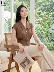 Sơ mi vai chờm chấm bi cổ lá nhẹ nhàng, tôn dáng NKSM2605024