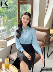 NK Fashion Áo Sơ Mi Lụa Sọc Cổ Sen Tay Bồng Sang Chảnh, Thanh Lịch NKSM2403018