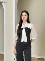 Sơ mi kẻ phối tơ nơ vạt xinh xắn, phong cách UKSM2409019