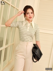Áo thun kẻ phối lá cổ trụ thanh lịch, nhã nhặn NKAT2508003