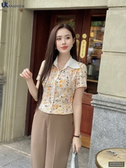 Sơ mi hoa bo gấu phối cổ rực rỡ, gọn gàng UKSM2505016
