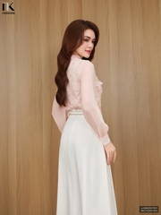 Sơ mi ren hoa kim tuyến buộc nơ điệu đà, cao cấp LUSM2507001