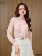 Sơ mi ren hoa kim tuyến buộc nơ điệu đà, cao cấp LUSM2507001