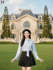 Sơ mi cổ tàu vạt nơ điệu đà, nữ tính UNSM2509006