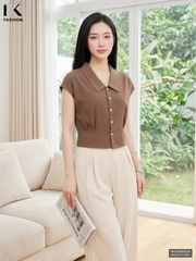 Sơ mi vai chờm chấm bi cổ lá nhẹ nhàng, tôn dáng NKSM2605024