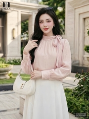 Sơ mi dài tay nhún cổ vạt nơ xinh xắn, tiểu thư UNSM2601009