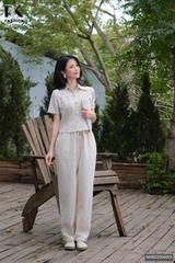 Bộ đồ sơ mi Linen chấm bi + quần ống rộng cạp chun dễ mặc, trẻ trung ( Bao gồm cả áo + quần ) NKBD2504005