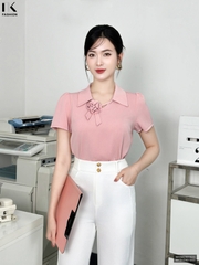 Áo sơ mi lá cổ V đính hoa kiểu mới, màu sắc nhã nhặn NKSM2501023
