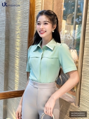Sơ mi ngắn tay diễu ngực phối lá cổ xinh xắn, dễ mặc UKSM2408007