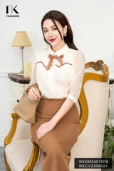 NK Fashion Áo Sơ Mi Cổ Đức Thêu Hoa Nơ Phối Cổ Nữ Tính, Thanh Lịch, Trẻ Trung NKSM2401009