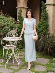 Set áo vạt V hoa ngực + chân váy bút chì suông NKBD2606003