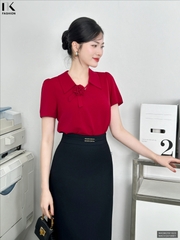 Áo sơ mi lá cổ V đính hoa kiểu mới, màu sắc nhã nhặn NKSM2501023