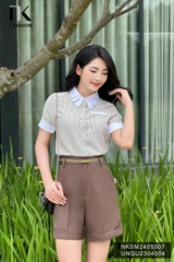 Áo Sơ Mi Kẻ Cổ Xếp NK Công Sở Nữ Thanh Lịch Vải Mềm Mịn NKSM2405007
