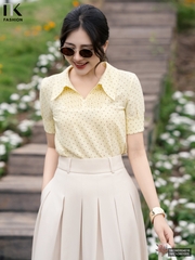 Sơ mi chấm bi xếp cổ lá, kiểu cách mới, thời trang NKSM2604016