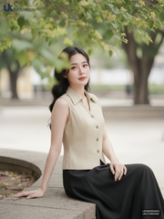 Áo Linen V cổ lá mát mẻ, trẻ trung UKSM2604003