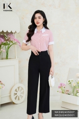 Áo Sơ Mi Kẻ Cổ Xếp NK Công Sở Nữ Thanh Lịch Vải Mềm Mịn NKSM2405007