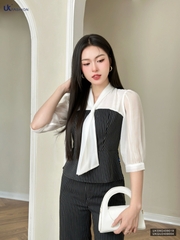 Sơ mi kẻ phối tơ nơ vạt xinh xắn, phong cách UKSM2409019
