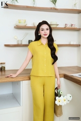 Bộ đồ đũi lanh sơ mi vạt tròn mặc nhà, đi chơi đều thoải mái, tự tin NKBD2505006