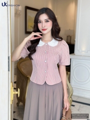 Sơ mi kẻ phối cổ ren điệu đà, nữ tính, dễ thương NKFSM2403014