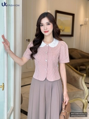 Sơ mi kẻ phối cổ ren điệu đà, nữ tính, dễ thương NKFSM2403014