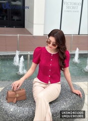 Áo sơ mi Croptop bấu mí kẻ ren cổ Uk Fashion, thời trang công sở cao cấp, chất liệu lụa, không nhăn UKSM2401005