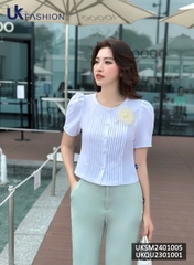 Áo sơ mi Croptop bấu mí kẻ ren cổ Uk Fashion, thời trang công sở cao cấp, chất liệu lụa, không nhăn UKSM2401005