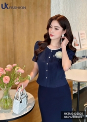 Áo sơ mi Croptop bấu mí kẻ ren cổ Uk Fashion, thời trang công sở cao cấp, chất liệu lụa, không nhăn UKSM2401005