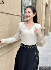 ÁO LEN DÀI TAY CỔ V XẾP LY THỜI TRANG NK FASHION NKAL2406002
