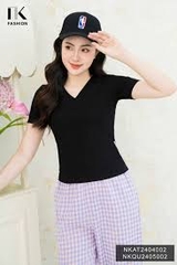 NK Fashion Áo thun cộc tay cổ tim xinh điệu, thời trang NKAT2404002 mát mẻ, dễ chịu, nên có ngay