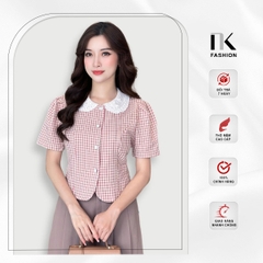 Sơ mi kẻ phối cổ ren điệu đà, nữ tính, dễ thương NKFSM2403014