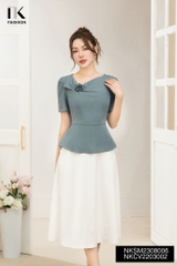 NK FASHION Áo Sơ Mi Kiểu Cộc Tay Cổ V Lệch Hoa Nơ Cực Hack Dáng NKSM2308006