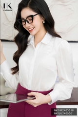 NK Fashion Áo Sơ Mi Lụa Sọc Cổ Sen Tay Bồng Sang Chảnh, Thanh Lịch NKSM2403018