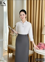 Áo Sơ Mi Cổ Đức Thêu Nẹp NK Fashion Công Sở Nữ Thanh Lịch Vải Mềm Mịn NKSM2407002