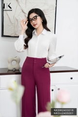 NK Fashion Áo Sơ Mi Lụa Sọc Cổ Sen Tay Bồng Sang Chảnh, Thanh Lịch NKSM2403018