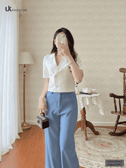 Áo Sơ Mi Ngắn Tay UK FASHION Thiết Kế Cổ Ve 4 Cúc Phối 2 Bên Thanh Lịch Chất Vải Nhập Hàn Cao Cấp UKSM2305018