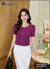 Áo sơ mi Croptop bấu mí kẻ ren cổ Uk Fashion, thời trang công sở cao cấp, chất liệu lụa, không nhăn UKSM2401005