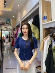 Áo sơ mi Croptop bấu mí kẻ ren cổ Uk Fashion, thời trang công sở cao cấp, chất liệu lụa, không nhăn UKSM2401005
