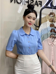 Áo Sơ Mi Cổ Sen 7 Mảnh Cúc Hoa UK Fashion Công Sở Nữ Thanh Lịch, Vải Mềm Mịn UKSM2407014