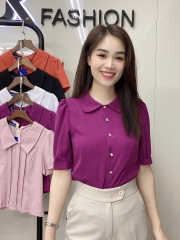 Áo Sơ Mi Cổ Sen 7 Mảnh Cúc Hoa UK Fashion Công Sở Nữ Thanh Lịch, Vải Mềm Mịn UKSM2407014