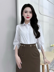 Áo Sơ Mi Cổ Sen Tay Lỡ Lơ Vê Xẻ UK Fashion Công Sở Nữ Thanh Lịch, Nữ Tính Vải Mềm Mịn UKSM2408005