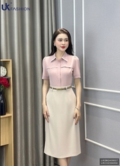 Sơ mi ngắn tay diễu ngực phối lá cổ xinh xắn, dễ mặc UKSM2408007