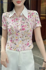 Sơ mi hoa bo gấu phối cổ rực rỡ, gọn gàng UKSM2505016