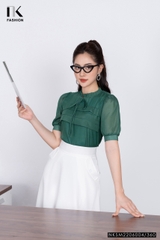 Áo Sơ Mi Nữ NK Fashion Thiết Kế Phối Tơ Thân Xếp Tay Bồng, Chất Vải Nhập Hàn Cao Cấp NKSM2206004