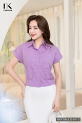 Áo Sơ Mi Cộc Tay Cổ Đức Kẻ Bo Đai Cúc Bọc NKFSM2305010