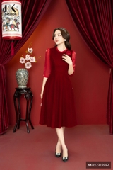 Đầm Nhung Phối Tay Hoa Ngực Tiểu Thư, Sang Chảnh NKDV2312002