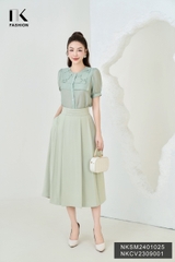 NK Fashion Áo Sơ Mi Cổ Tròn Tay Lỡ Đính Nơ Dập Cổ Tiểu Thư, Trẻ Trung NKSM2401025