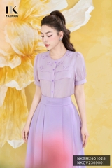 NK Fashion Áo Sơ Mi Cổ Tròn Tay Lỡ Đính Nơ Dập Cổ Tiểu Thư, Trẻ Trung NKSM2401025